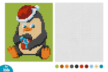 Cute Christmas penguin with a gift color by number page for kids. Educational activity for preschool and kindergarten children to learn numbers and colors. Square grid design with single character