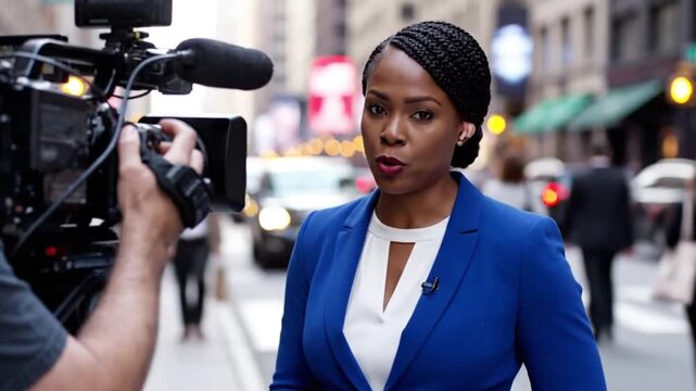 Breaking News: A focused journalist delivers a live report from a bustling cityscape, a microphone capturing every word and ensuring clarity.