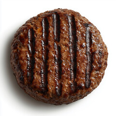 Grilled juicy beef patty with char marks isolated on white background