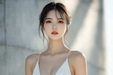 Elegant young Asian woman with soft makeup and loose hairstyle posing in natural light