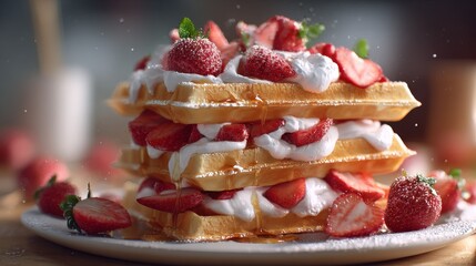 A stack of waffles, layered with whipped cream, fresh strawberries, and dusted with powdered sugar, a delightful dessert