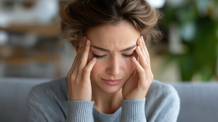 Stressed faceless female feeling depressed, lonely on sofa in house, mental health visualization, emotional distress concept, psychological wellness concern, isolation representati