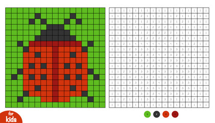 Cute ladybug pixel color by number page for kids. Educational activity for preschool and kindergarten children to learn numbers and colors. Simple square grid design with single character. © ksenyasavva