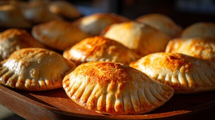 Close-up of golden-brown, baked pastries with crimped edges, arranged on a wooden surface, showcasing texture and detail