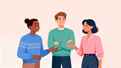 Fototapeta premium Three people are standing together and smiling. The man is wearing a green sweater and the woman is wearing a pink shirt. The woman is touching the man's arm