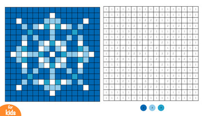 Snowflake winter pixel color by number page for kids. Educational activity for preschool and kindergarten children to learn numbers and colors. Square grid design
