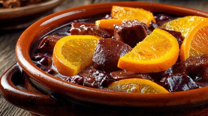 A close-up of a clay bowl filled with a dark, rich stew featuring chunks of meat and vibrant orange slices