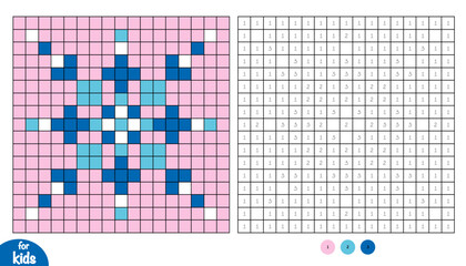 Snowflake winter pixel color by number page for kids. Educational activity for preschool and kindergarten children to learn numbers and colors. Square grid design