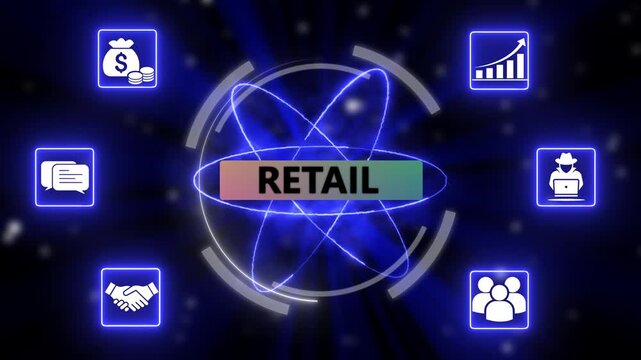 Retail business growth concept with futuristic neon Icons, performance concept with digital business network. Financial success and business neon motion graphic.