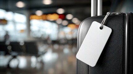 Blank luggage tag is attached to a suitcase handle in a bustling airport. Background shows passengers and flight information boards