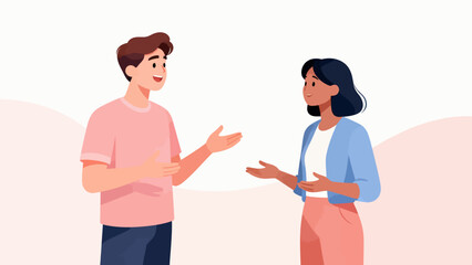 Fototapeta premium A man and a woman are talking to each other. The man is wearing a pink shirt and the woman is wearing a blue shirt