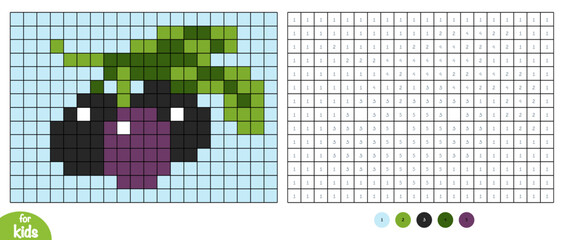 Olives berries pixel color by number page for kids. Educational activity for preschool and kindergarten children to learn numbers and colors. Square grid design
