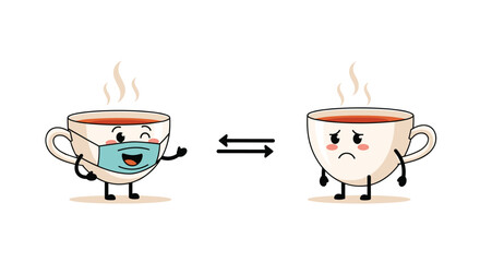 Animated tea cup wearing a surgical mask waving to another sad cup to represent social distancing and safety measures during a pandemic.