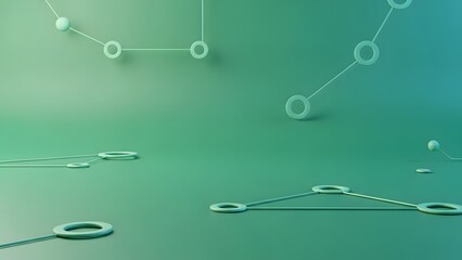 An abstract 3D render showcasing a dynamic network of white lines and spheres on a vibrant green gradient background, suggesting interconnected data and digital communication.