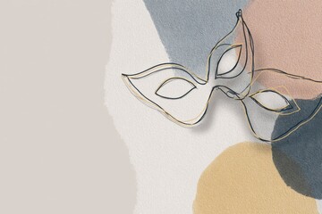 Elegant line art mask on a textured background featuring soft pastel colors, symbolizing mystery and creativity, ideal for artistic and festive themes with copy space