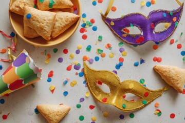 Colorful party scene featuring festive masks, confetti, and savory pastries arranged on a table, creating a vibrant atmosphere for celebration Purim Day 