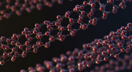 A 3D rendering of a molecular structure composed of interconnected red and white atoms