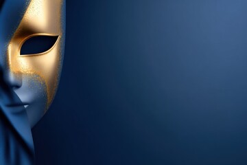 Elegant golden mask partially obscured by flowing fabric against a deep blue background, creating a mysterious and captivating atmosphere for artistic expression and storytelling Purim Day