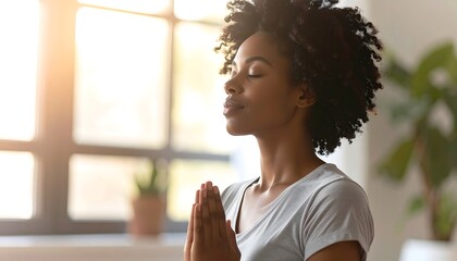 Woman Practicing Yoga Meditation at Home.