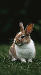 Fototapeta premium A cute domestic bunny with beautiful brown and white patchy fur sitting calmly in a natural outdoor environment. The fluffy animal looks peaceful ,outdoor ,innocent ,furry