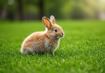Fototapeta premium A cute fluffy bunny rabbit sitting on vibrant green grass in a sunny springtime meadow enjoying the fresh air and natural environment ,adorable ,fluffy ,ears