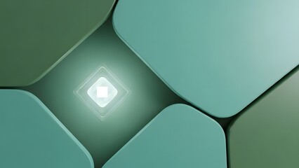 A captivating close-up 3D render featuring a luminous green glowing core encased within a faceted, crystalline structure, surrounded by soft teal geometric panels in an abstract technological setting.