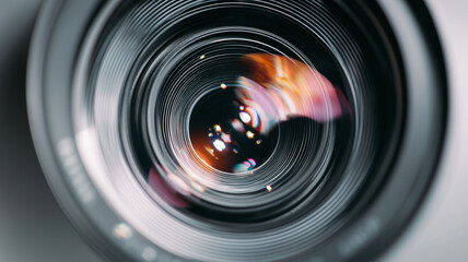 Macro view of the front element of the camera lens, crystal clear glass, aperture blades clearly visible against a white background.