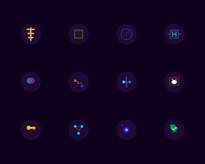 Complete Quantum Computing and Physics Icon Set. Qubit, Entanglement, Schr&ouml;dinger's Cat, and Superposition Symbols