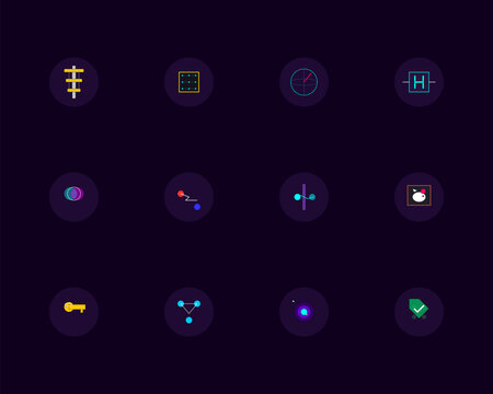 Complete Quantum Computing and Physics Icon Set. Qubit, Entanglement, Schr&ouml;dinger's Cat, and Superposition Symbols