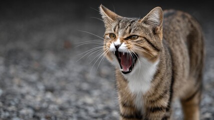 Obraz premium Tabby Cat with Open Mouth in Outdoor Setting on Gravel Surface