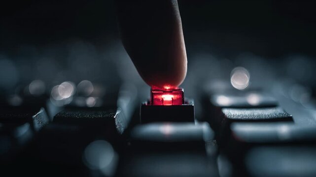 Critical decision in moment of urgency suspenseful action of finger pressing glowing red button on dark computer keyboard to activate system