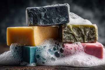 Five soap bars of various colors are stacked on a surface. Bubbles surround the bars, showing a moment of cleanliness. The setting has soft lighting