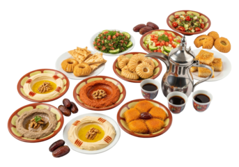 assorted middle eastern feast plates with coffee pot and pastries