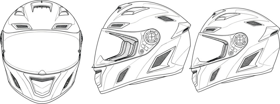 Motorcycle helmet, front view, side view, technical drawing, visor detail, air vents, safety gear, vector sketch, flat vector illustration
