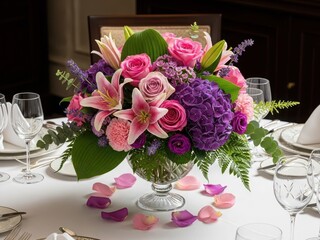 Elegant table centerpiece with vibrant pink and purple flowers
