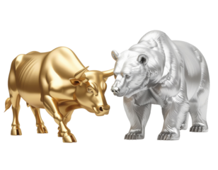 A golden bull and a silver bear face each other, symbolizing market trends and dynamics in finance.