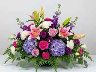 Vibrant floral arrangement with lilies and hydrangeas in a symmetrical design
