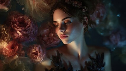 Dreamy Portrait of Woman Surrounded by Vibrant Flowers in Mysterious Illuminated Setting with Soft Shadows and Ethereal Glow