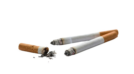 Three cigarettes, two intact and one stub, are displayed prominently, showcasing their distinctive shapes and burnt tips.
