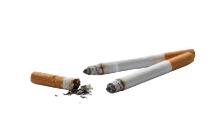 Three cigarettes, two intact and one stub, are displayed prominently, showcasing their distinctive shapes and burnt tips.
