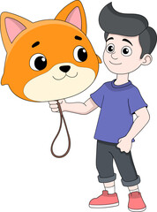 Cute Boy Holding Fox Mask Imagination Cartoon Illustration