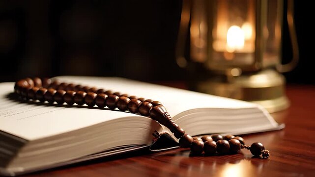Islamic prayer beads resting on an open book with a warm candle light.