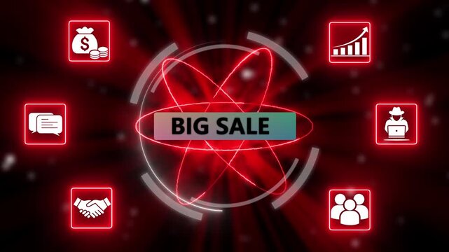 Big sale futuristic business technology network with glowing digital icons. Digital transformation concept with neon business and finance symbols.