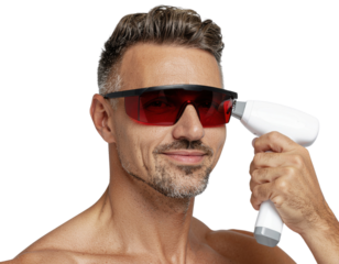 A man uses a handheld device while wearing protective glasses, demonstrating a skincare or beauty treatment.
