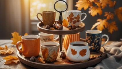 Fototapeta premium A two-tiered wooden tray with autumn-themed mugs filled with coffee, adorned with leaves and acorns