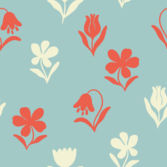 Bezszwowy wzór ze stylizowanymi kwiatami na niebieskim tle - motyw kwiatowy w graficznym stylu