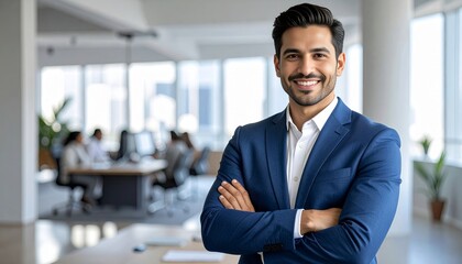 Fototapeta premium A confident Latin American businessman stands smiling in a modern office - radiating professionalism, success, and readiness in a contemporary corporate environment