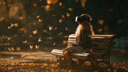 Woman Experiencing Virtual Reality on Park Bench Surrounded by Autumn Leaves and Butterflies in Serene Nature Setting