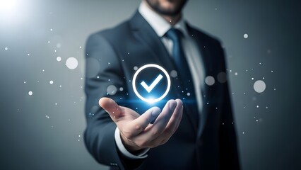 Businessman presenting a glowing checkmark in his hand