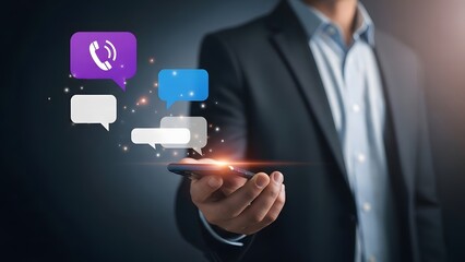 Businessman interacting with mobile phone and digital communication icons